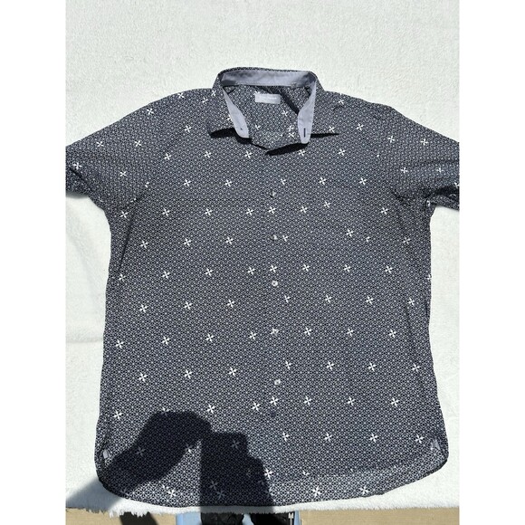 Hickey Freeman Mens SS Button Down XL Blue Geometric Pattern Shirt - Picture 1 of 7